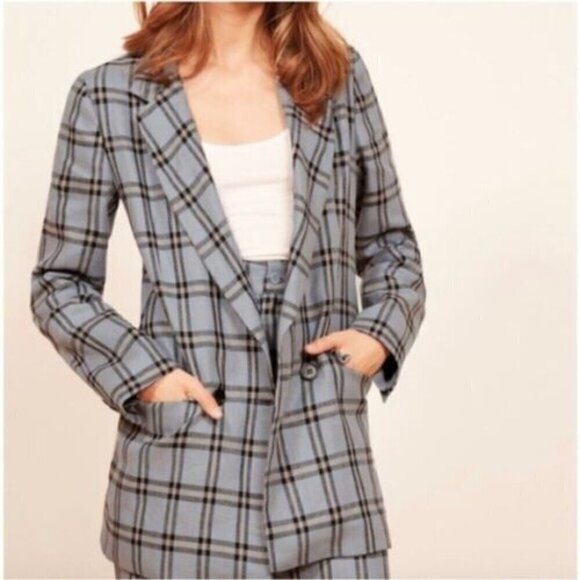 Reformation Calais Blue Plaid Linen Oversized Blazer M​​​​​​​​​ - Picture 1 of 7